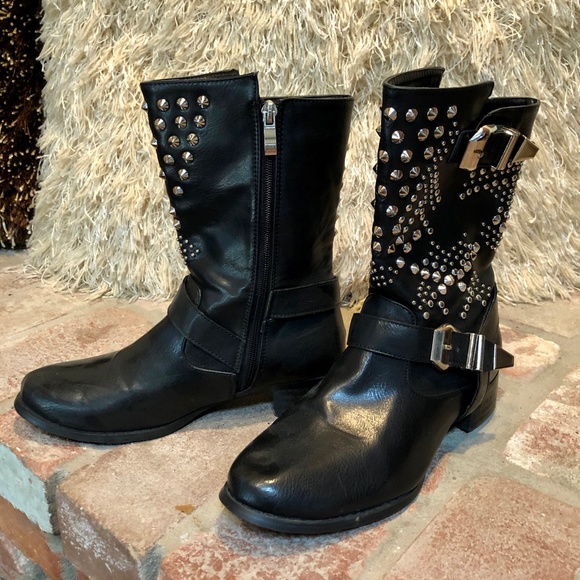 Silver Spiked Buckle Accent Ankle Bootie B…